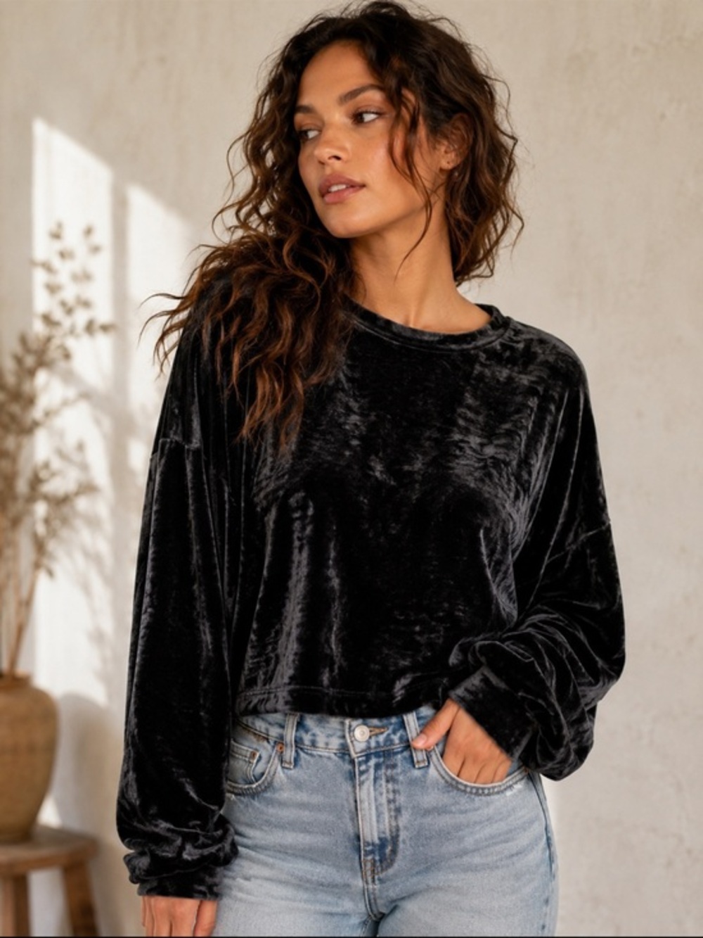 Free People Black Velvet Oversized Long Sleeve Top XS Boho Soft Pullover